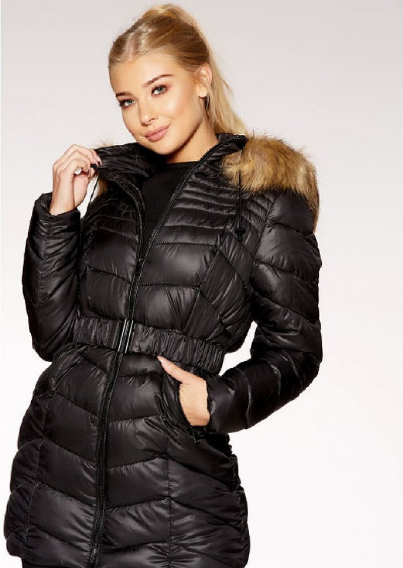 £25 OFF this Black And Beige Chevron 3/4 Belted Hood Jacket!