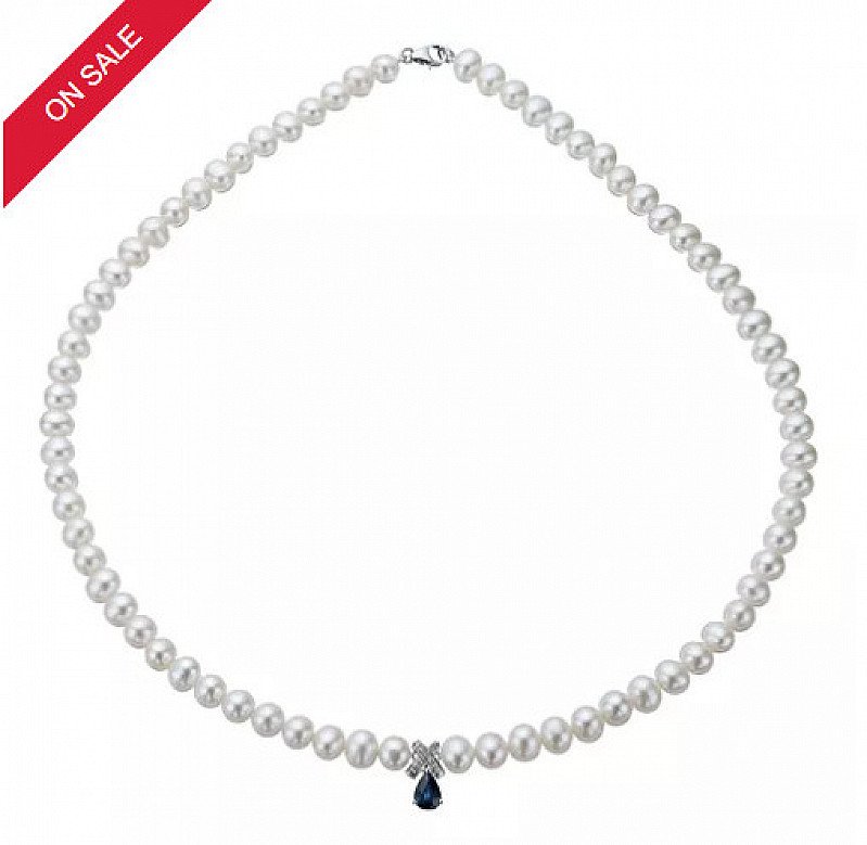 SAVE £50 on this 9ct White Gold Freshwater Pearl, Sapphire & Diamond Necklace!
