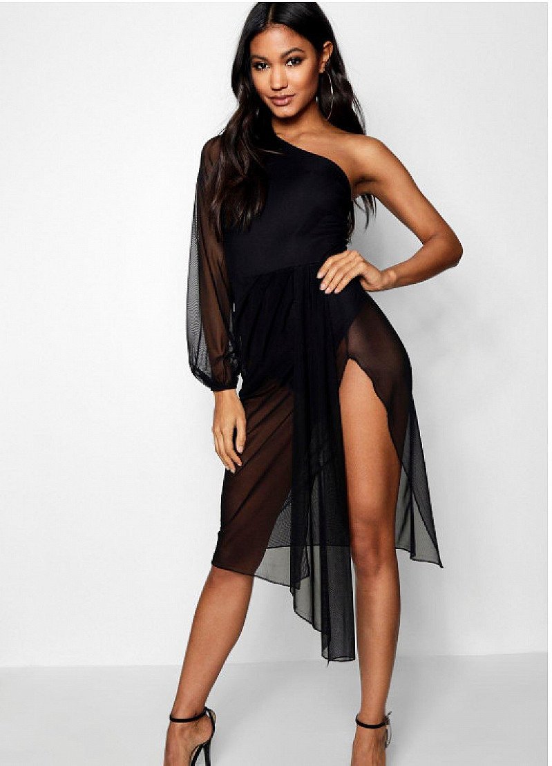 SAVE 32% on this One Shoulder Mesh Drape Mini Dress!