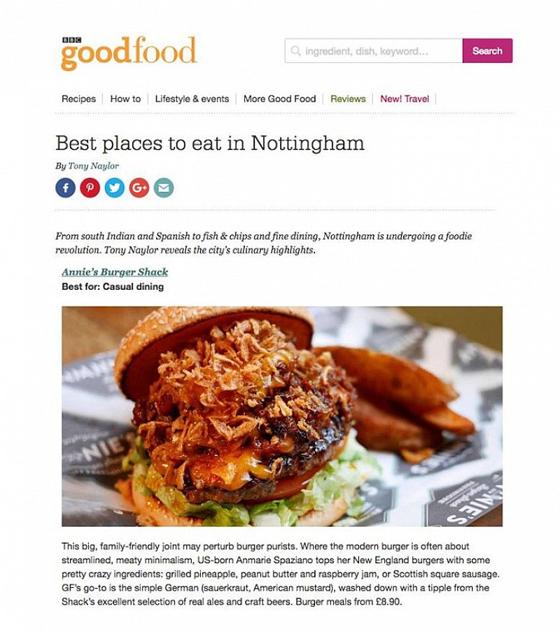 Annie's Burger Shack has been listed in BBC Good Food's "Best places to eat in Nottingham!"