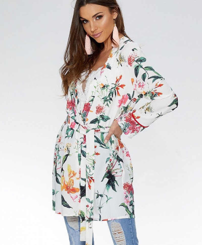 SAVE OVER 25% on this White And Orange Floral Tie Waist Kimono!