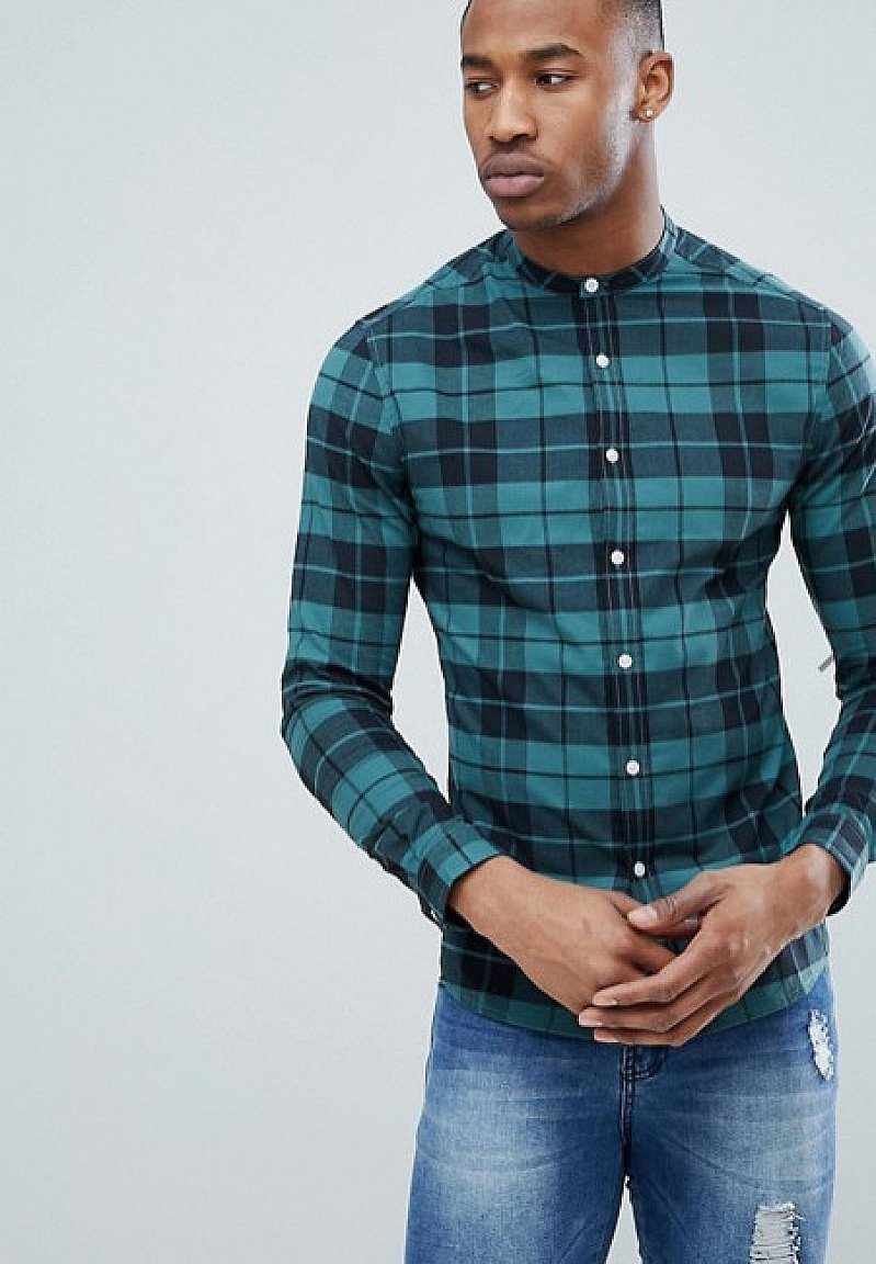 Save on this ASOS DESIGN skinny check shirt with grandad collar