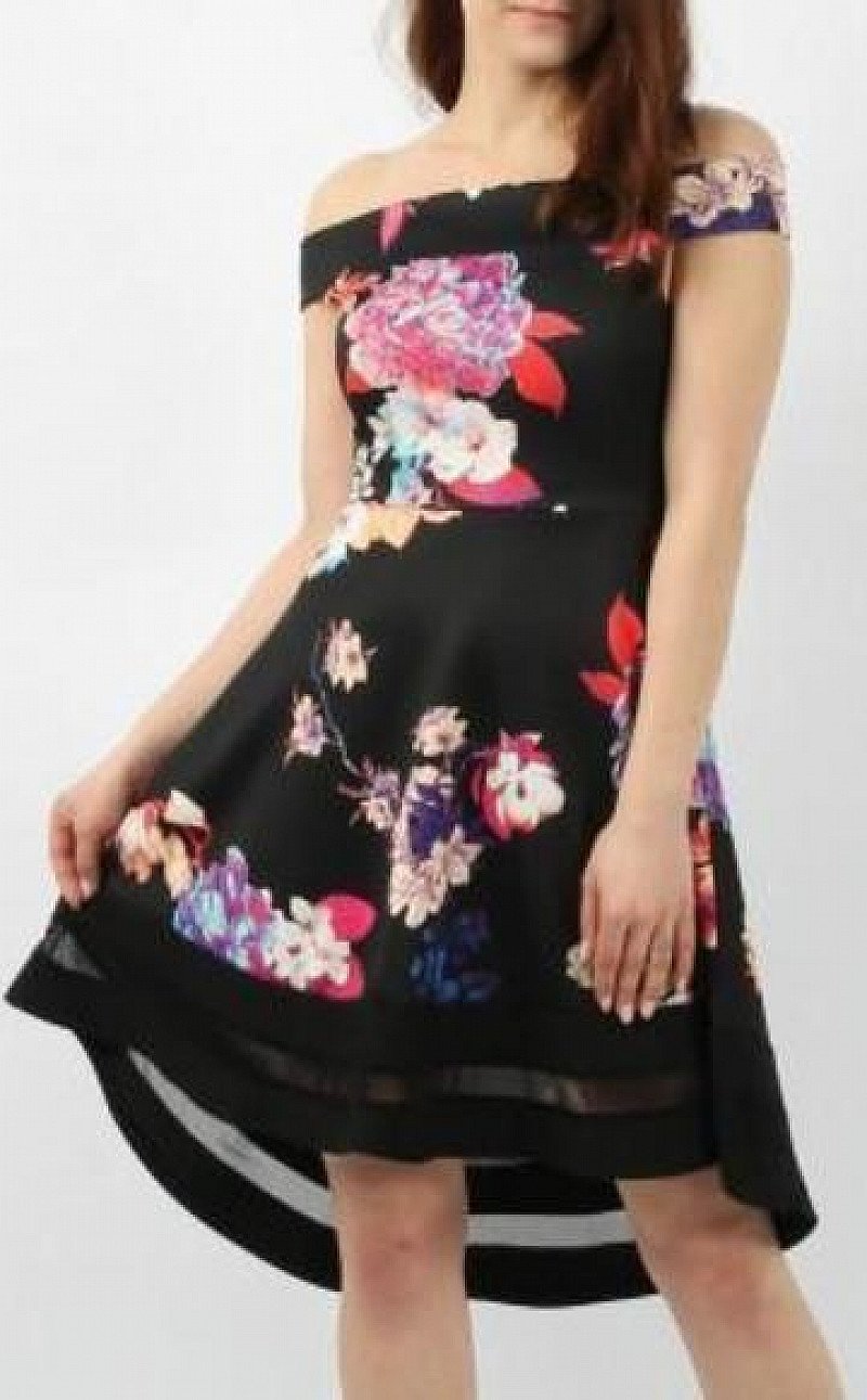 HIGH LOW FLORAL PRINT BARDOT SKATER DRESS