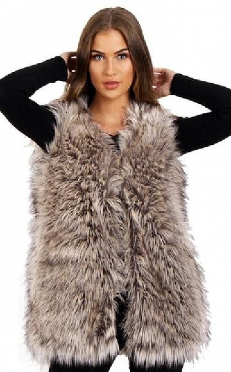 BEIGE HIGHLIGHTED FAUX FUR GILLET