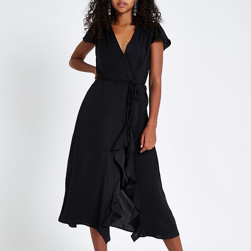 SAVE £30.00 - Black frill wrap front midi dress!