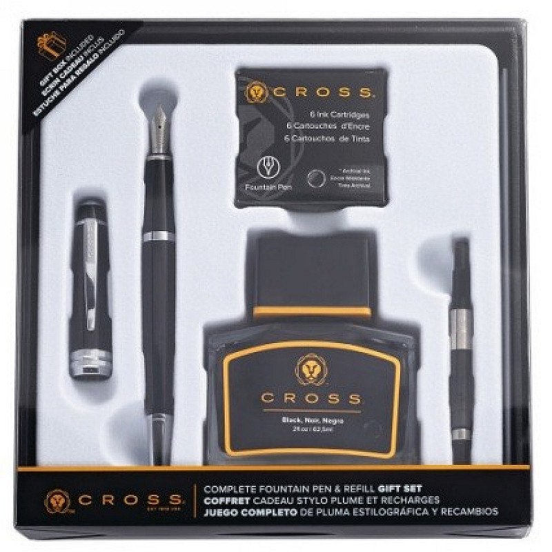 SAVE 20% - Cross Bailey Black Lacquer Fountain Pen Gift Set, Medium Nib, Black Ink!