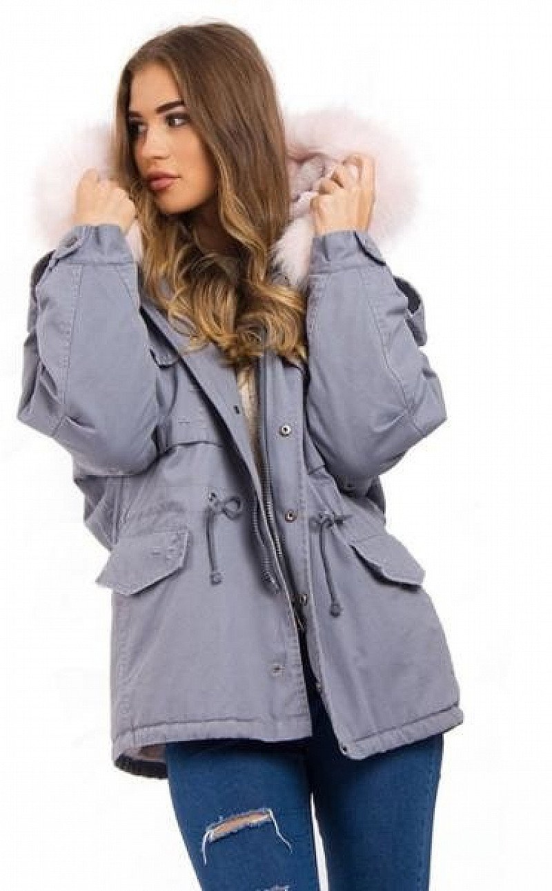 GREY FAUX FUR TRIM FLEECE HOODED PARKA JACKET 25% OFF