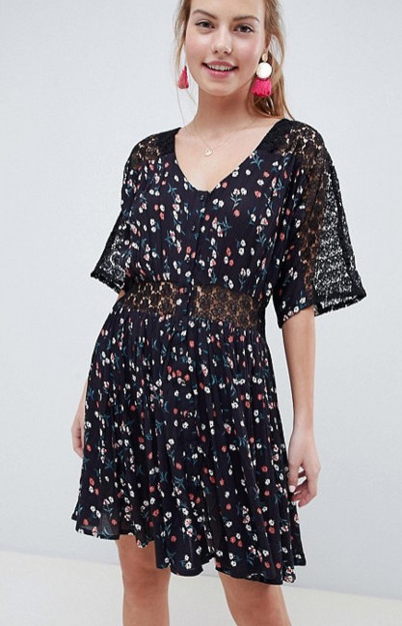 Save- ASOS DESIGN lace insert mini casual tea dress in ditsy floral