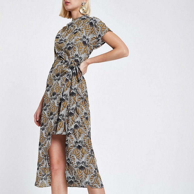 Save- Yellow floral wrap tie midi dress