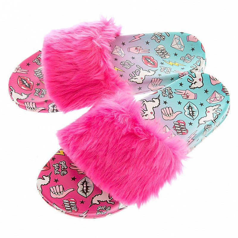 SALE, SAVE ON ACCESSORIES - Ombre Unicorn Power Fur Slide Sandals!