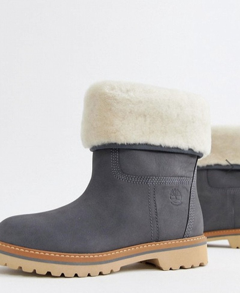 SAVE- Timberland Charmonix Gargoyle Grey Leather Pull On Ankle Boots With Faux Fur Fold Down