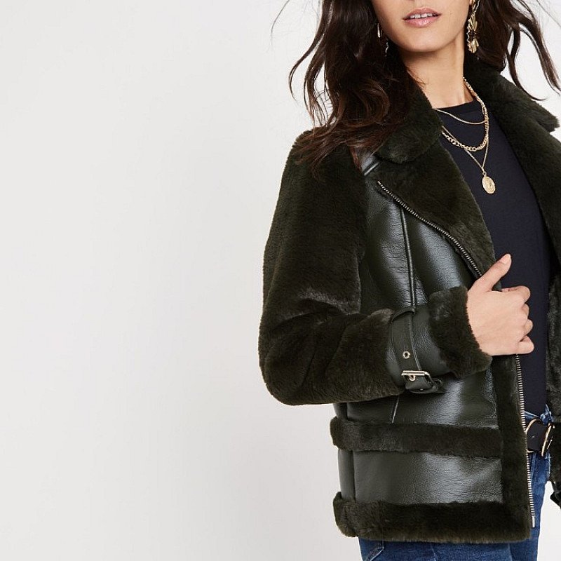 SALE ON COATS & JACKETS - River Island faux fur aviator jacket in green