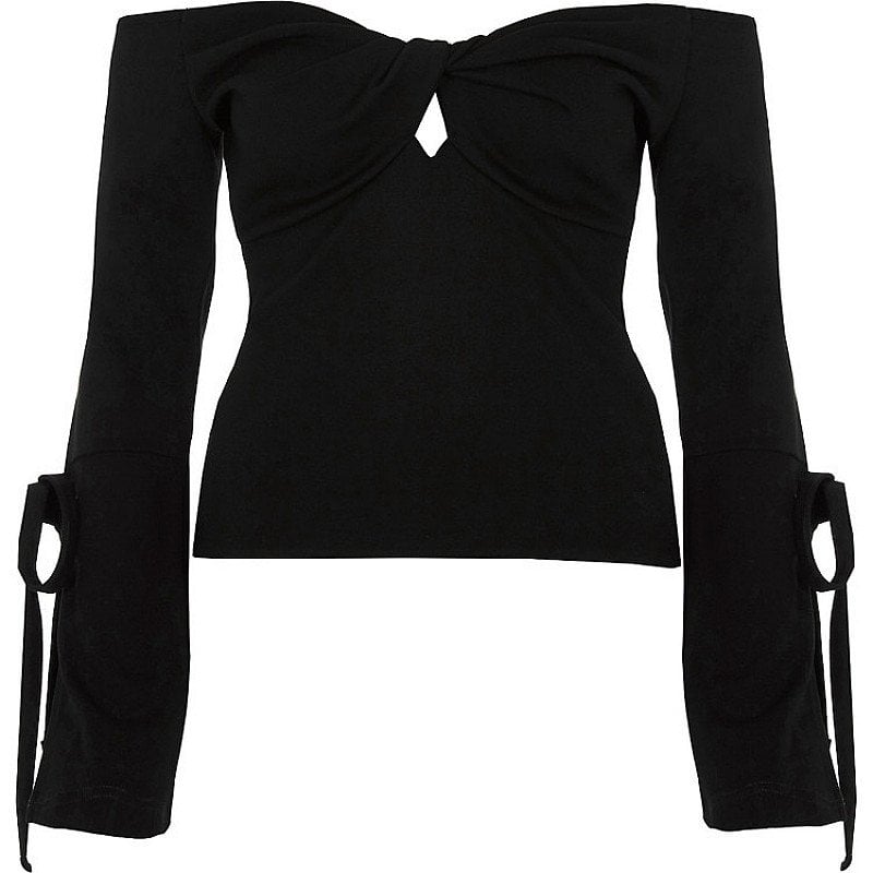 SALE ON WOMENS CLOTHING, GET £20.00 OFF - Black bardot knot front long tie sleeve top!