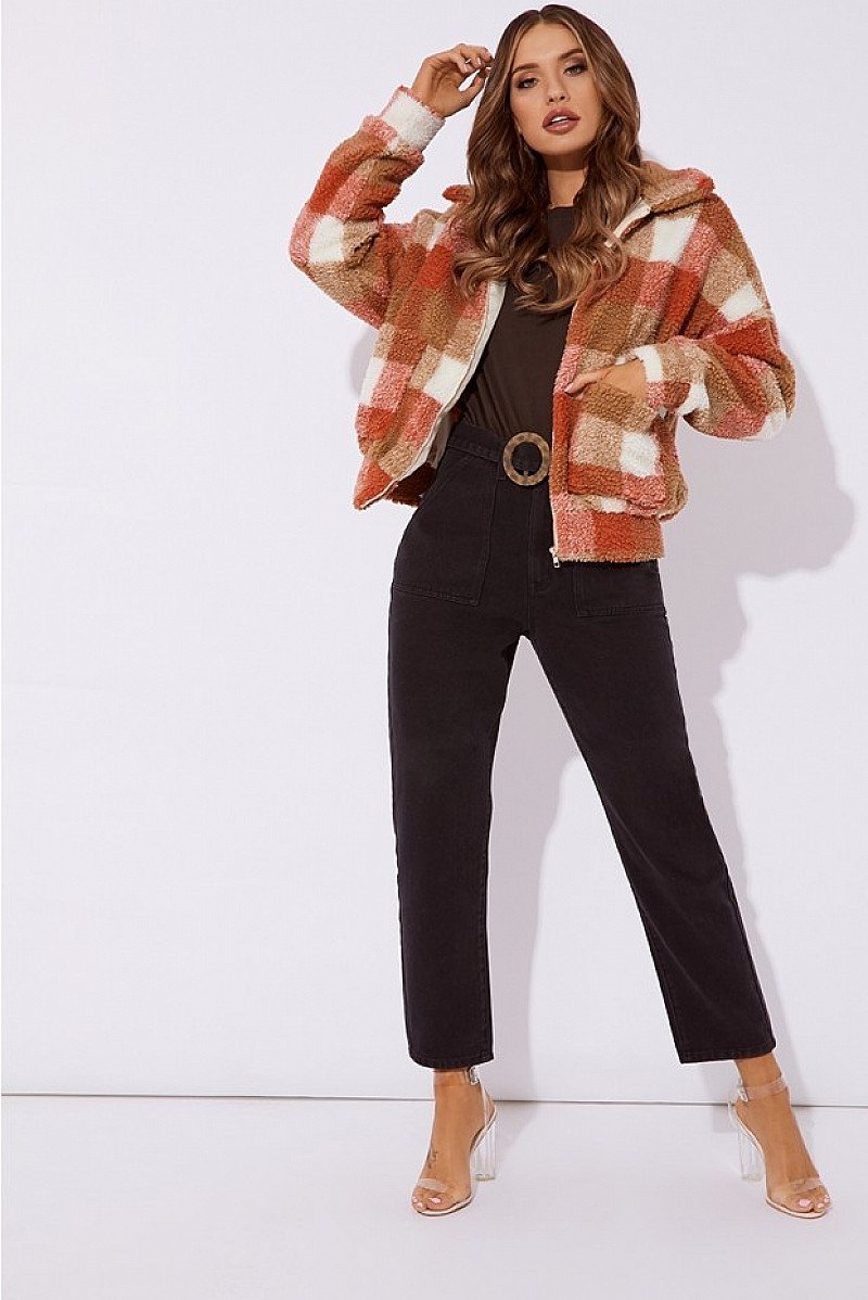 SALE, SAVE ON WOMEN'S WINTER CLOTHING - KAELIA RUST CHECKED TEDDY FUR BOMBER JACKET!