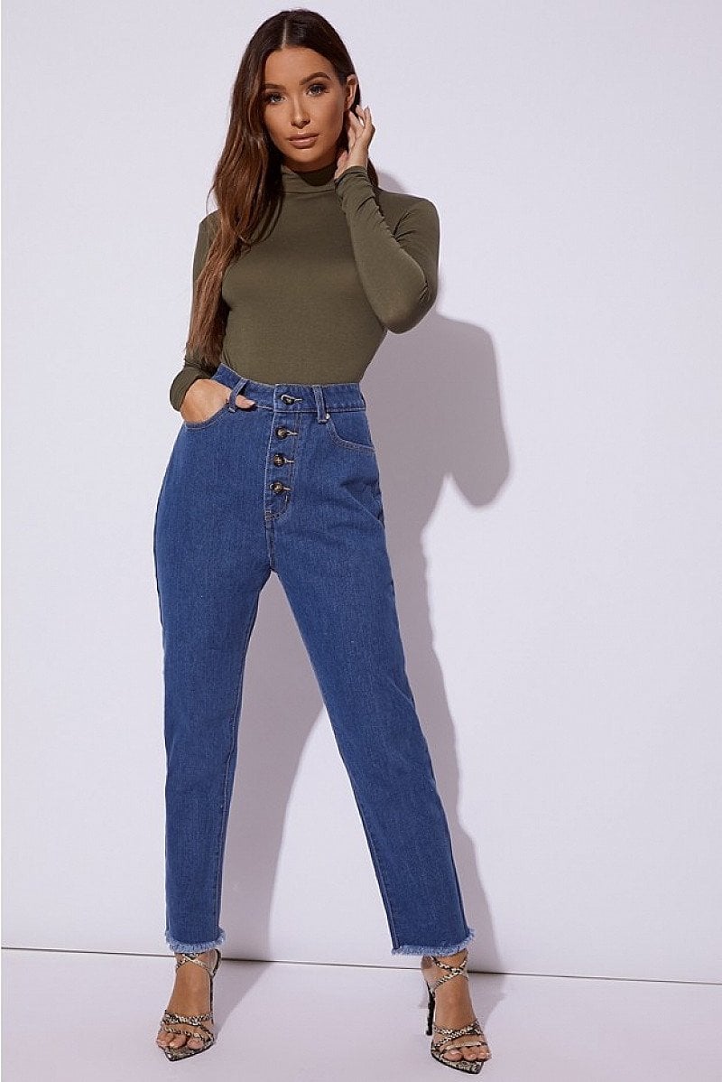 SALE, SAVE BIG ON WOMEN'S CLOTHING - MAVRIC BLUE DENIM HORN BUTTON MOM JEANS!