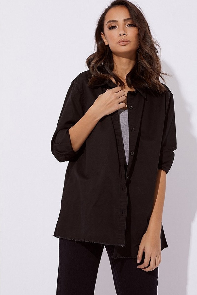 SALE, GET UP TO 80% OFF EVERYTHING - KARMYN BLACK DISTRESSED HEM OVERSIZED DENIM SHIRT!
