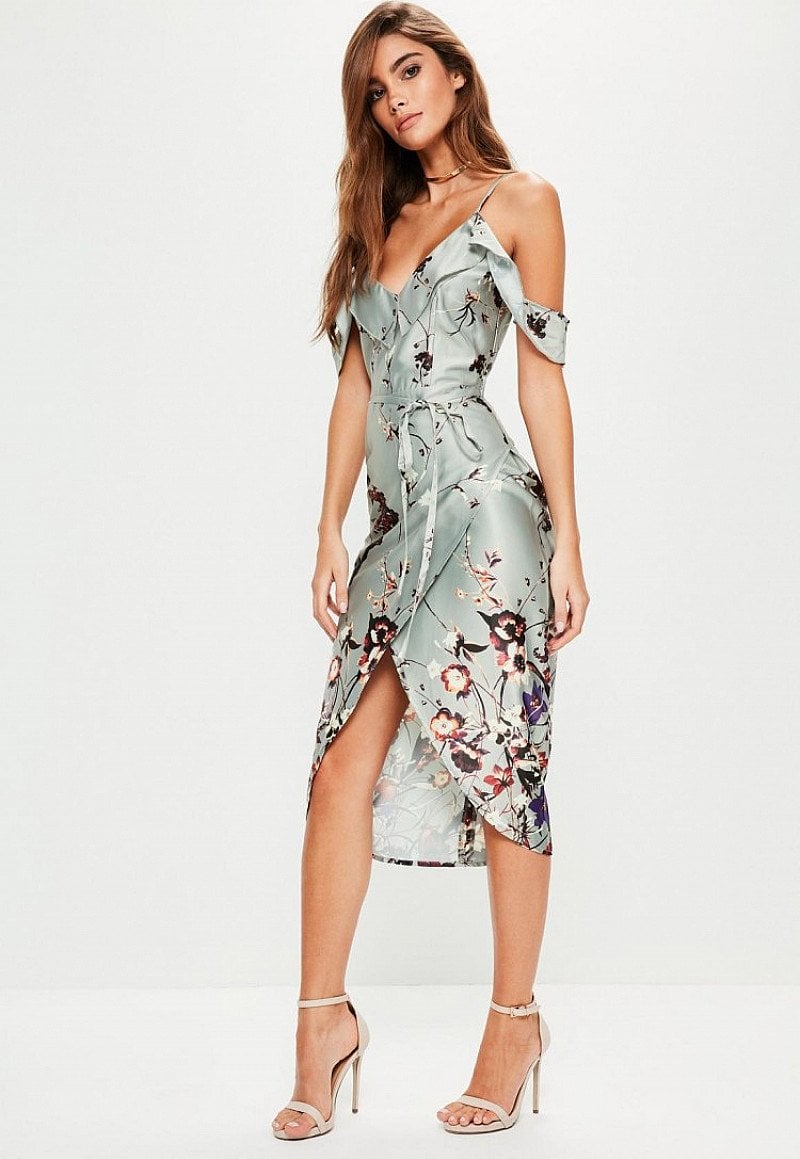 SAVE- Grey Frill Floral Midi Dress