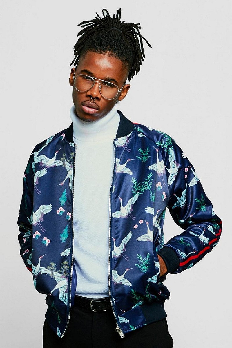 SALE - ORIENTAL PRINT SATIN BOMBER WITH SPORTS TAPE!