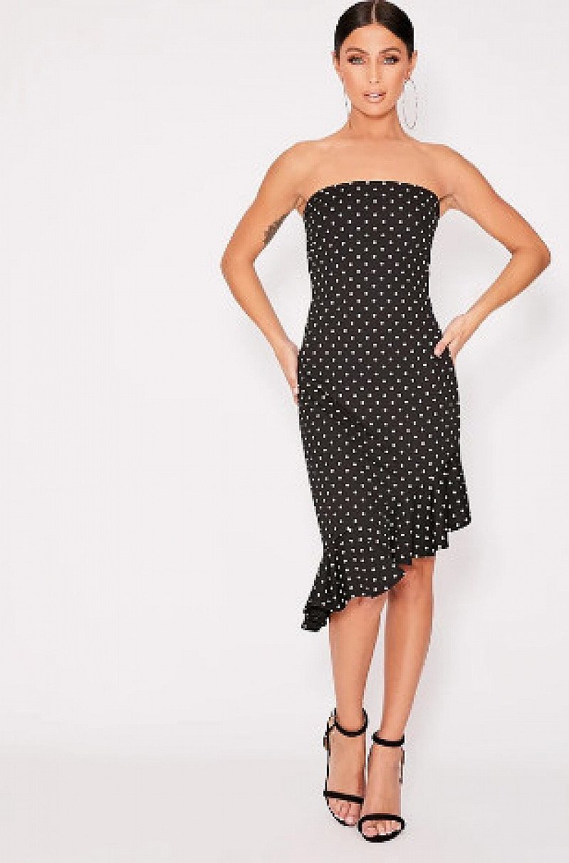 SALE - BECKIEY BLACK POLKA DOT BANDEAU FRILL MIDI DRESS!
