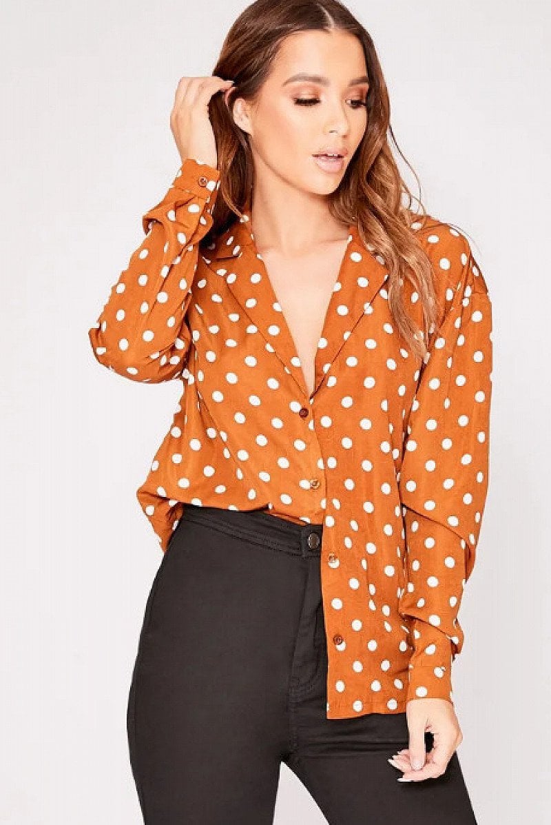 SALE - MIKALA BROWN POLKA DOT PRINT SHIRT!