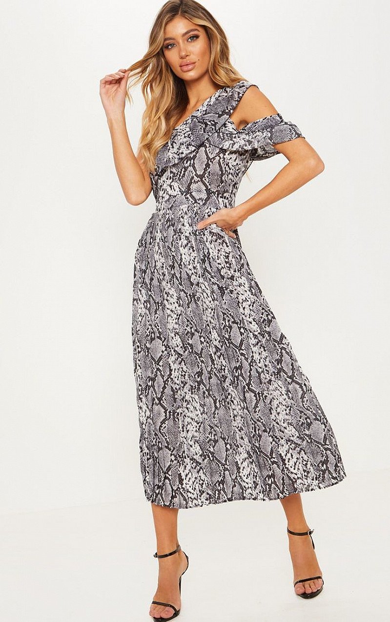 SALE - GREY SNAKE PRINT ONE SHOULDER RUFFLE DETAIL PLEATED MIDI DRESS!