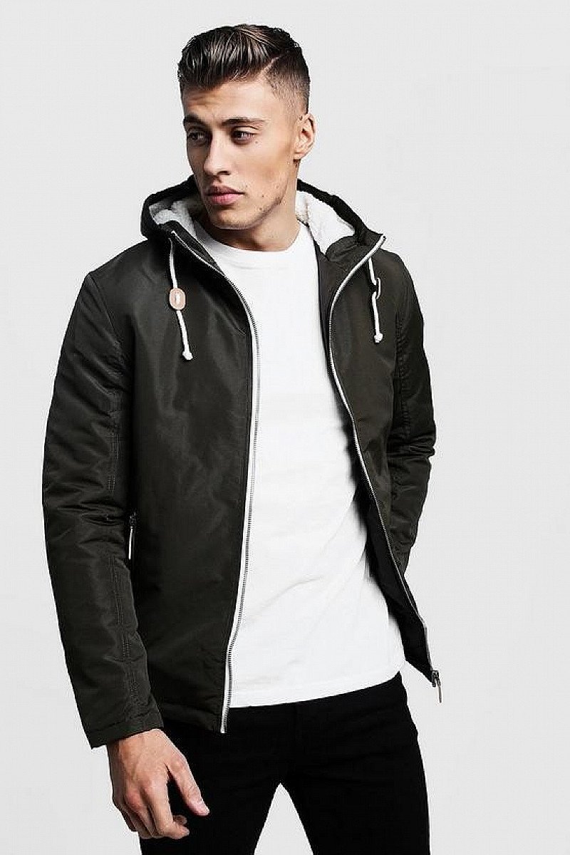 SALE - Khaki Zip Through Jacket With Borg Lined Hood!