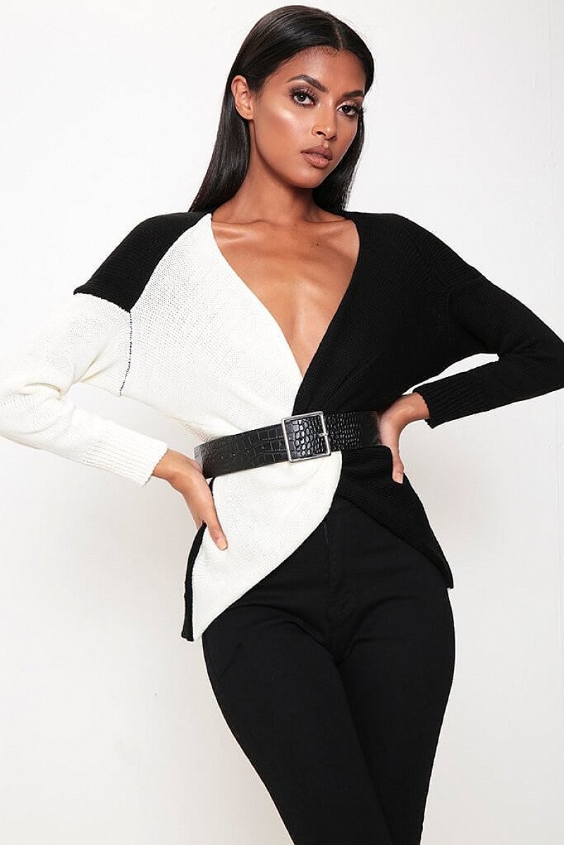 SALE - Black/Cream Colourblock Twist Back Jumper