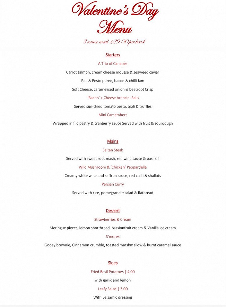 3 Course Valentines Menu - Carefully crafted by our talented kitchen team: £29pp!
