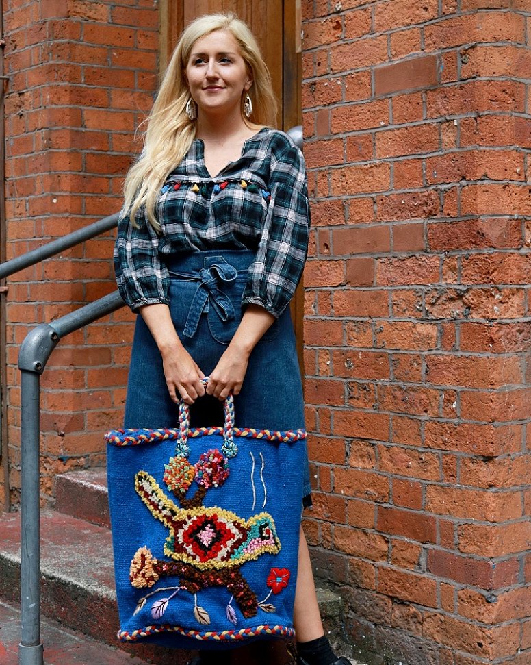 SALE - Hand-Knotted Nathalie Lété Basket, Blue w/ Red & Yellow Bird!