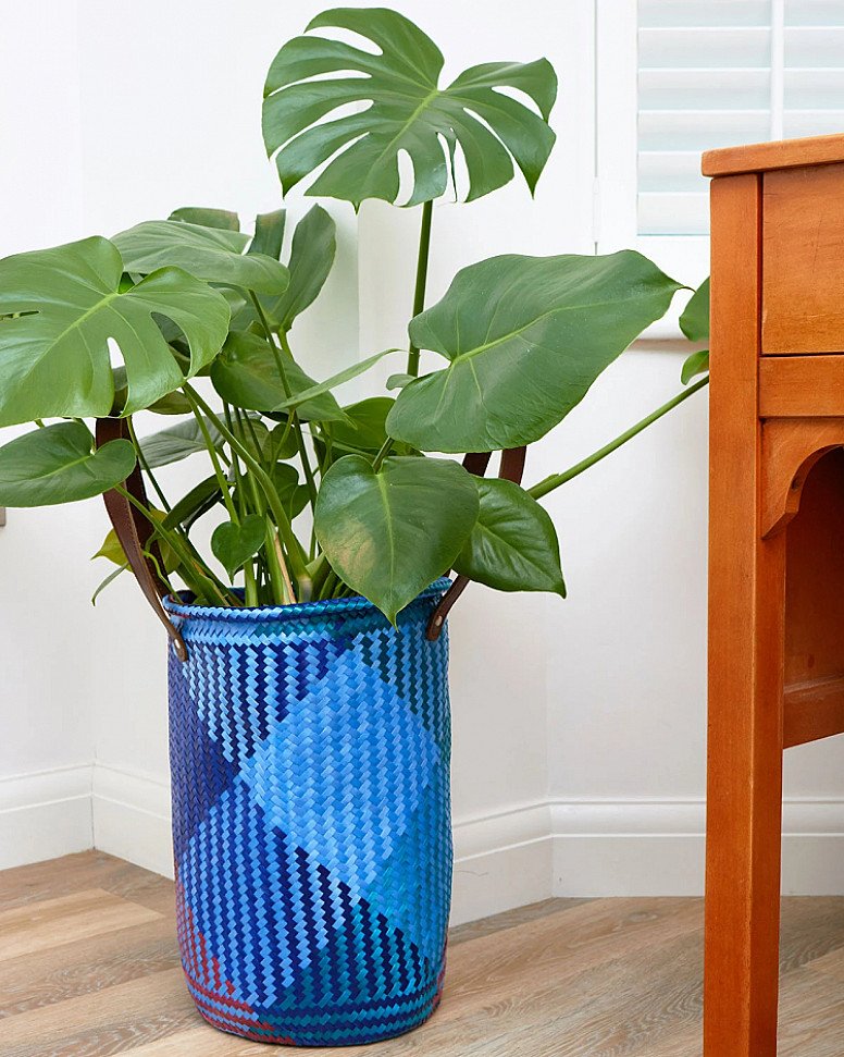 SAVE- Mexican Handwoven Plastic Basket with Leather Handles