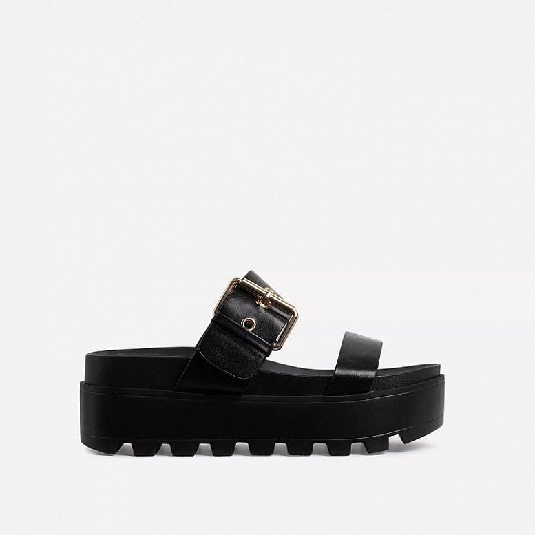 SALE - Aliki Chunky Sole Buckle Detail Sandal In Black Faux Leather!