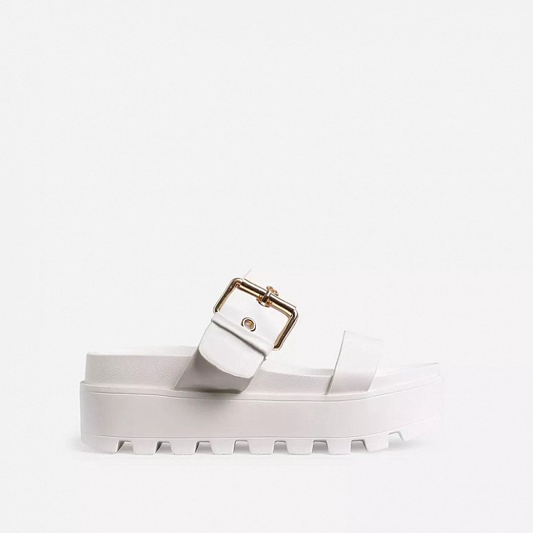 SALE - Aliki Chunky Sole Buckle Detail Sandal In White Faux Leather!