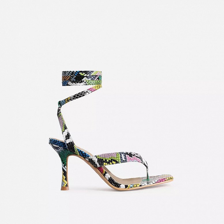 SALE - Breezy Square Toe Lace Up Kitten Heel In Multi Snake Print Faux Leather!