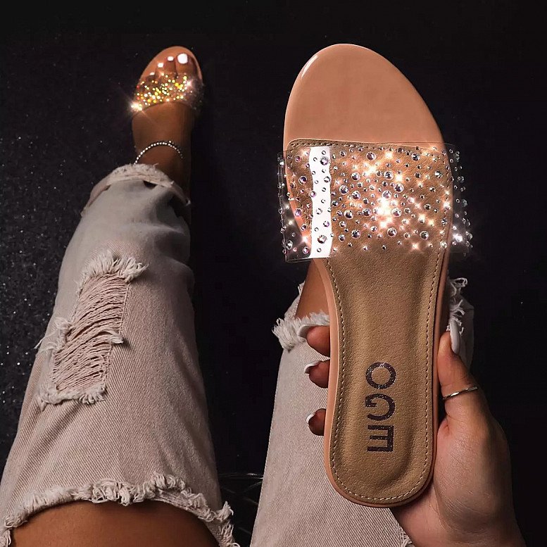 SALE - Stunning Diamante Detail Clear Perspex Flat Sandal In Nude Patent!