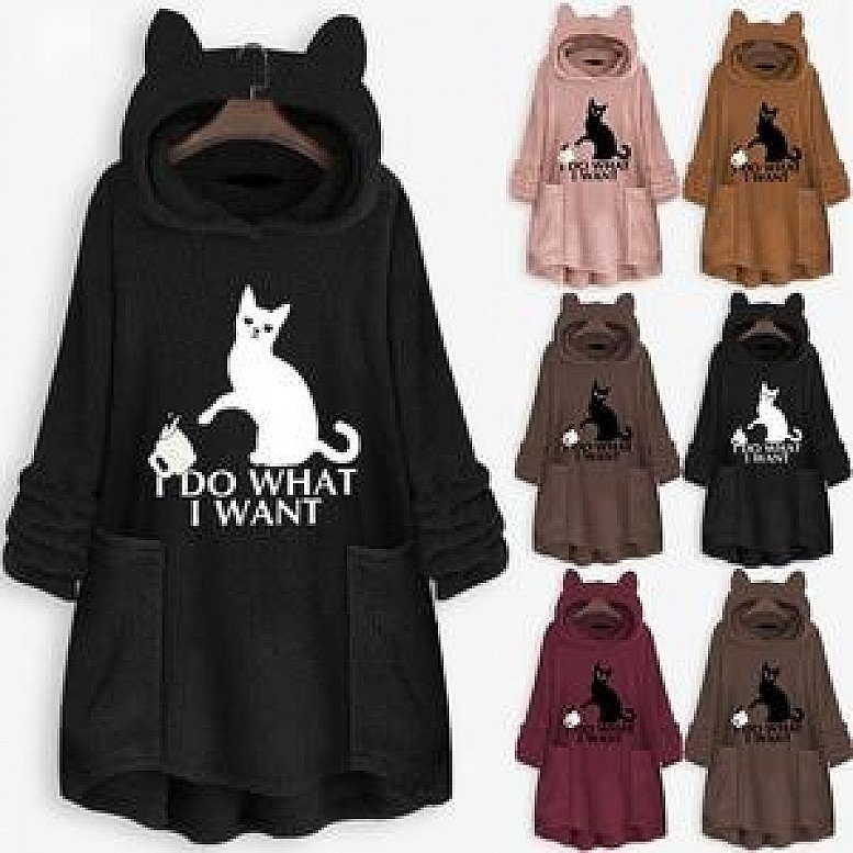 Womail Hoodie Sweatshirt Womens winter Fleece Cat Ear Long Pocket loose Casual Hooded Feminine Overs