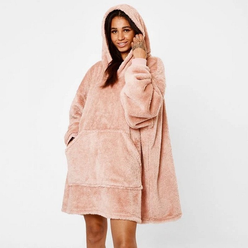 Teddy Fleece Hoodie Blanket - Blush Pink