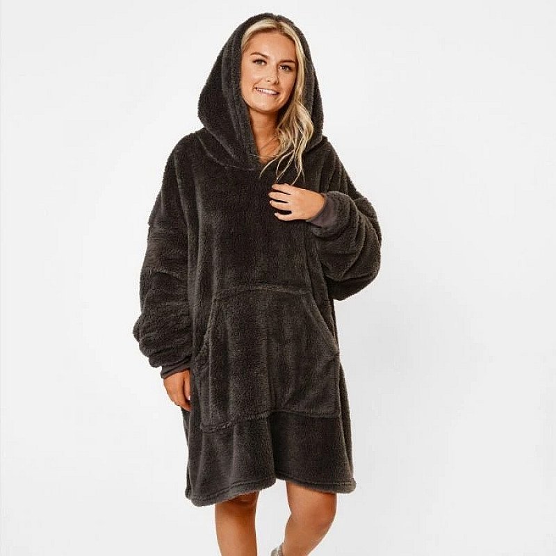 Teddy Fleece Hooded Blanket - Charcoal Grey