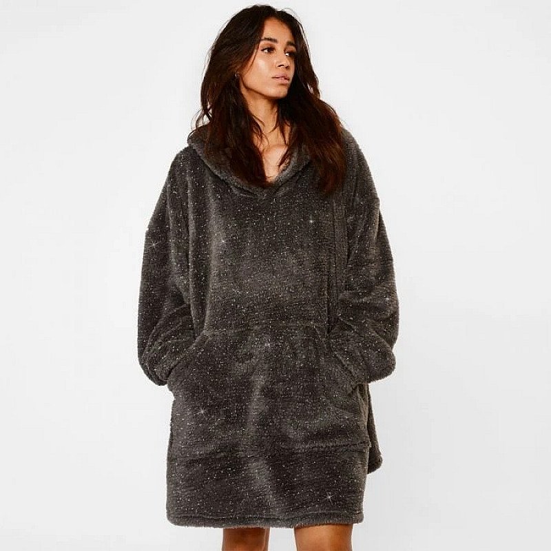 Teddy Fleece Glitter Hooded Blanket - Charcoal Grey