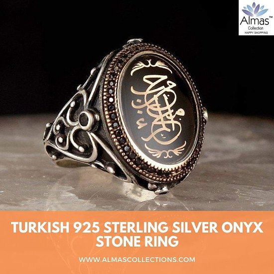 Silver Edep Ya Hu Ring |Turkish Onyx Stone Ring | Almas Collections |