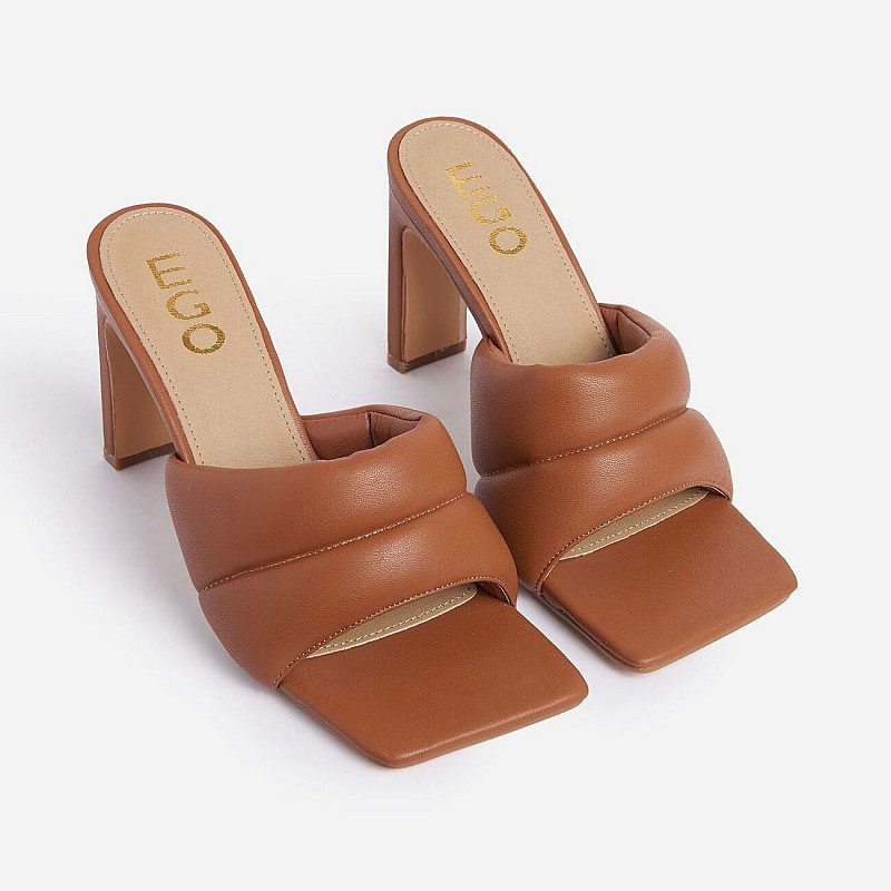 50% Off Shera Padded Square Peep Toe Thin Block Heel Mule In Tan Brown Faux Leather