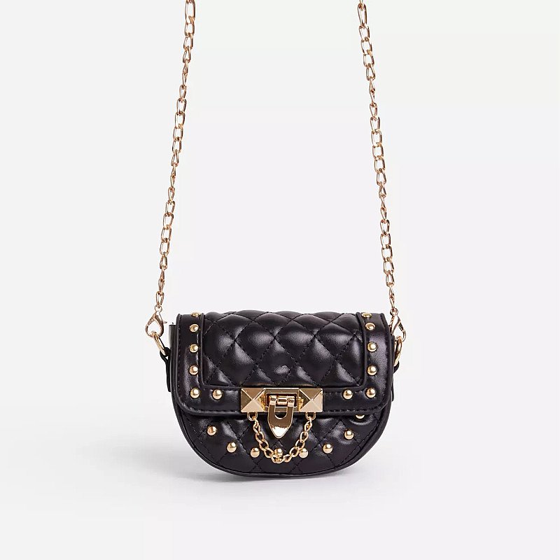 SALE - Prettie Studded Detail Quilted Mini Cross Body Bag In Black Faux Leather!