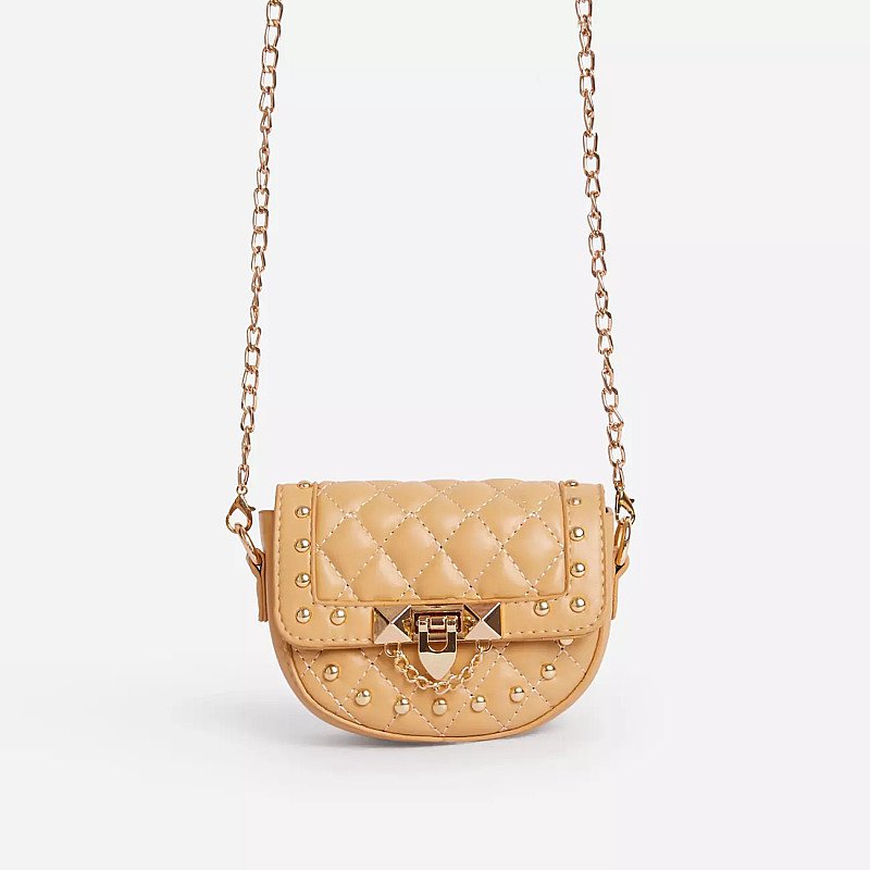 SALE - Prettie Studded Detail Quilted Mini Cross Body Bag In Nude Faux Leather!