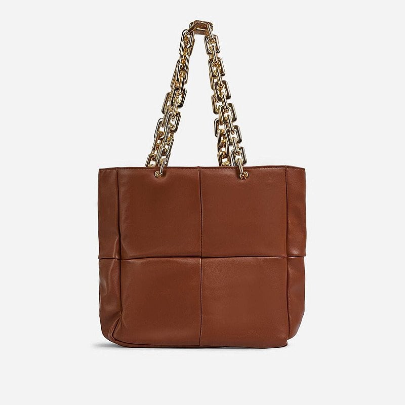 SAVE - Lily-Pad Chain Handle Padded Handbag in Tan Brown Faux Leather