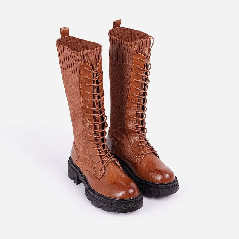 Save On Saint Lace Up Mid Calf Knitted Chunky Sole Ankle Biker Boot In Tan Brown Faux Leather