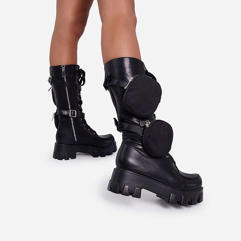 Huge Savings On Fyre Pocket Detail Lace Up Chunky Sole Ankle Biker Boot In Black Faux Leather