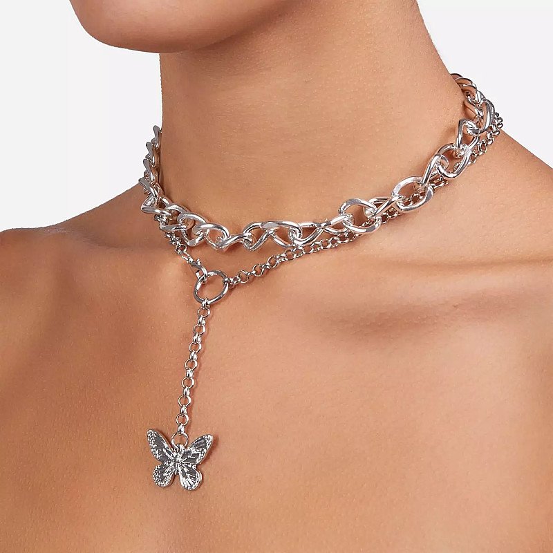 SAVE - Drop Butterfly Detail Chunky Chain Choker In Silver