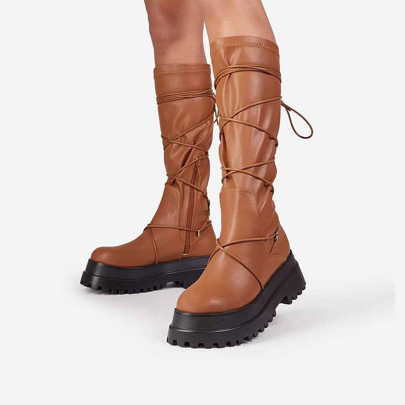 SAVE - Akali Lace Up Detail Chunky Sole Knee High Long Biker Boot In Tan Brown Faux Leather