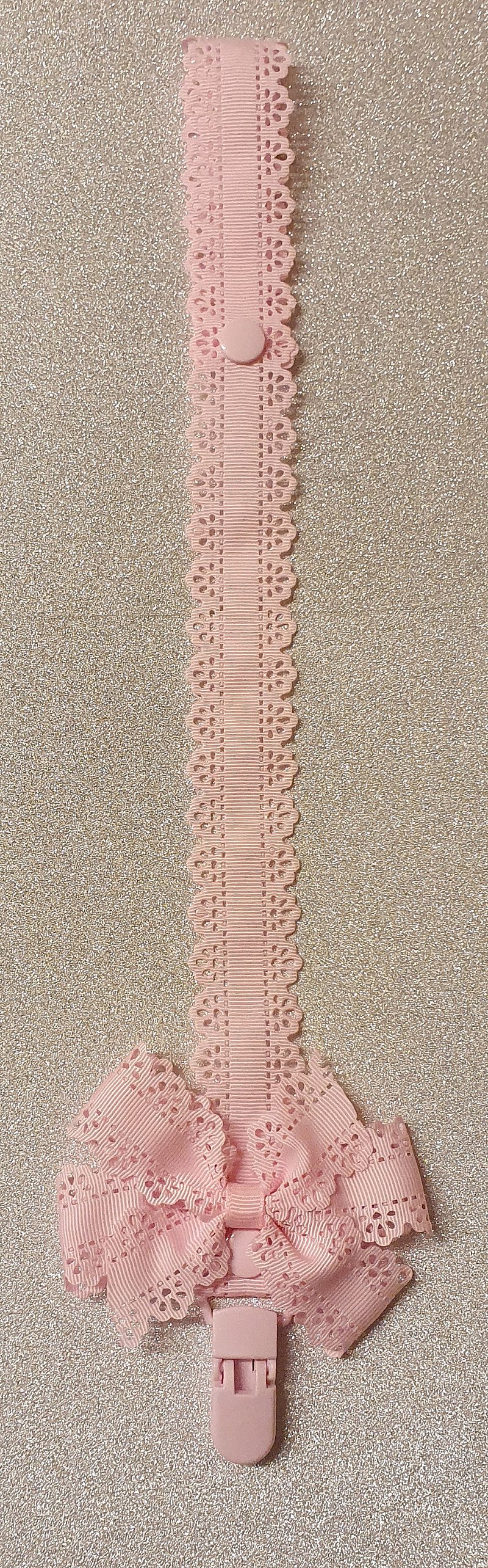 Pink Lace Effect Bow Dummyclip Pacifier Strap
