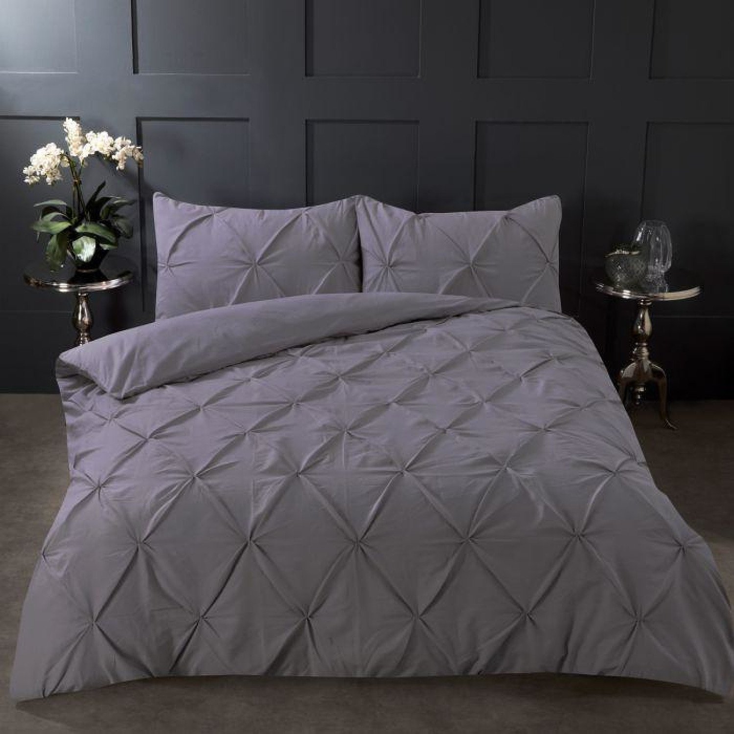 HIGHAMS DIAMOND PINTUCK PINCH PLEAT DUVET COVER SET - CHARCOAL