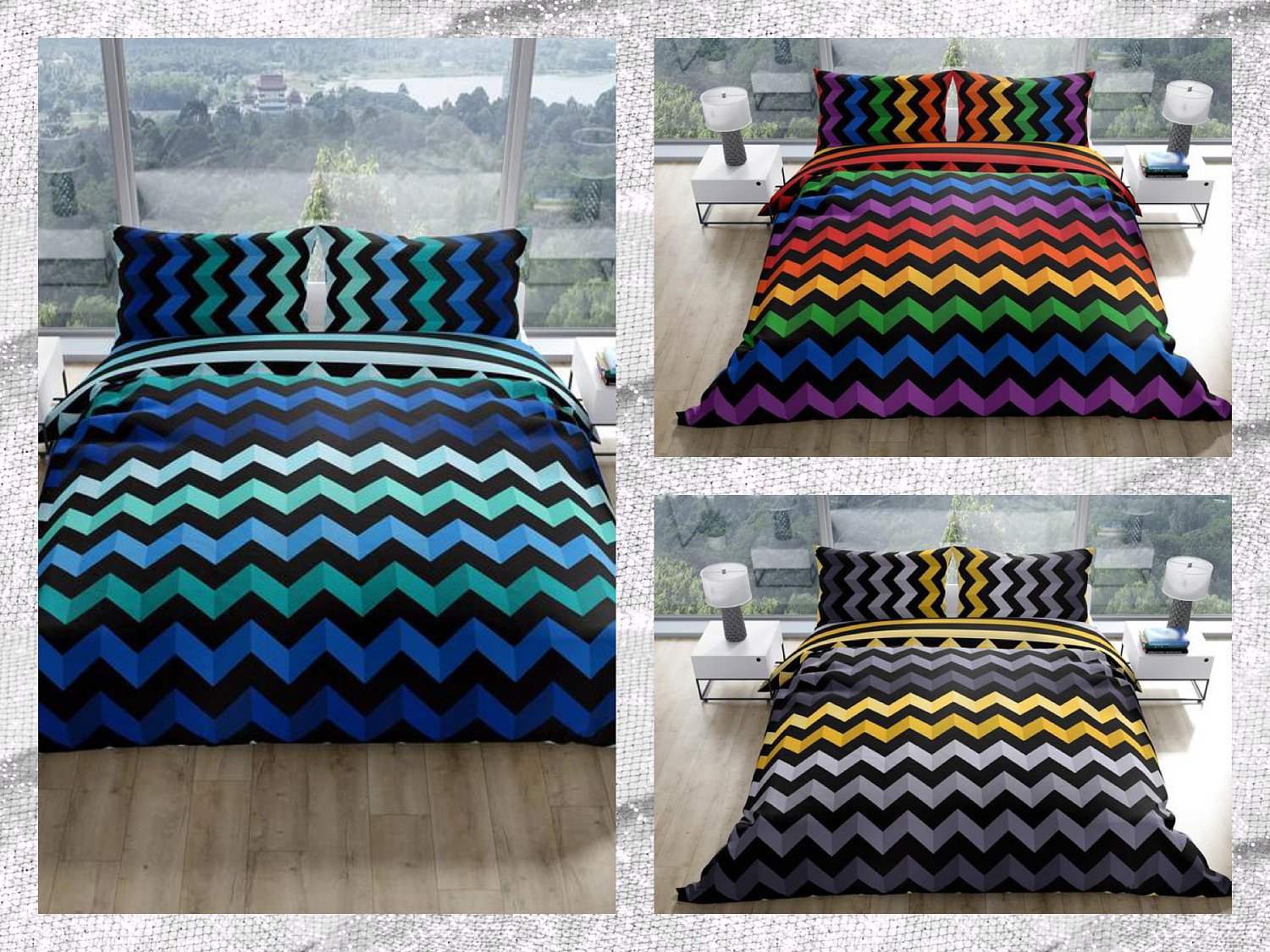 3D Chevron Reversible Blue Duvet Cover Set